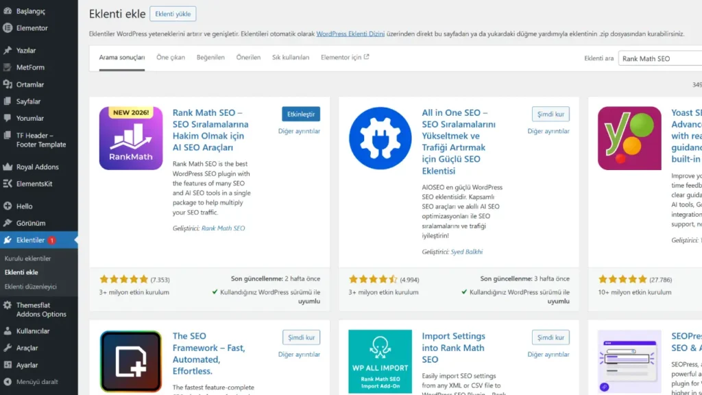 Rank Math SEO Kurulumu